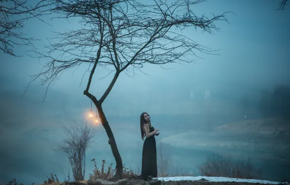Girl, dress, tree, fog, hair, lamps