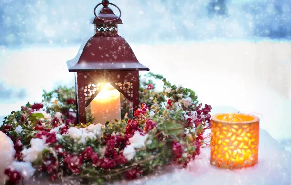 Снег, праздник, свечи, фонарик, Новый год, украшение, венок