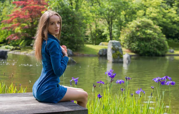 Картинка dress, trees, nature, flowers, lake, model, women, brunette