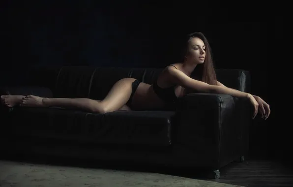 Lingerie, bra, panties, model, women, brunette, couch, black lingerie
