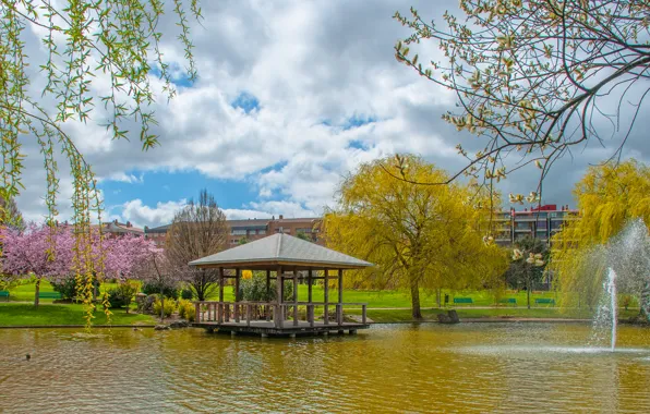 Картинка деревья, пруд, парк, фонтан, беседка, trees, park, pond