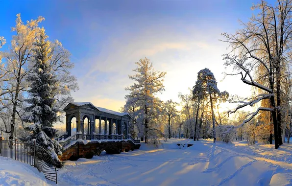 Картинка зима, снег, деревья, парк, Природа, беседка, Царское село