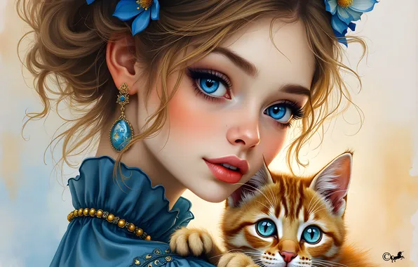 Девушка, цветы, котик