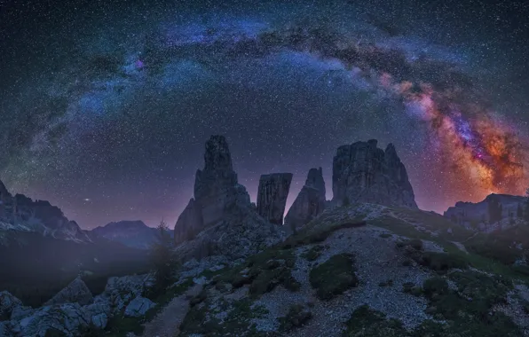 Картинка звезды, горы, ночь, Млечный путь, Италия, Italy, Milky Way, Доломитовые Альпы