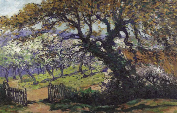 Картинка дерево, забор, картина, сад, Пейзаж, Fernand Maillaud