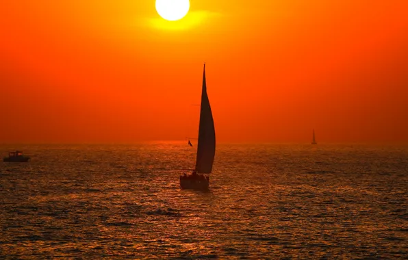Картинка море, небо, солнце, закат, лодка, парус, увтер