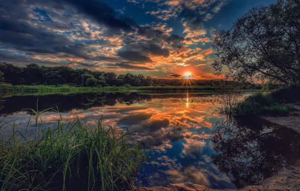Картинка небо, деревья, закат, река, Aleksei Malygin