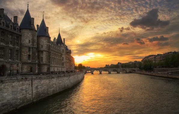 Картинка закат, мост, река, Франция, Париж, вечер, сена