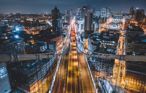 Ночь, мост, город, огни