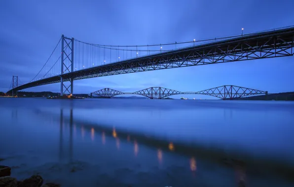 Небо, мост, река, вечер, Шотландия, Великобритания, синее, river