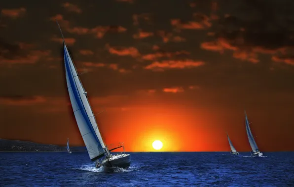Картинка море, закат, фотошоп, яхты