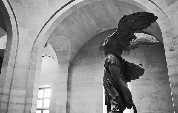 Girl, Paris, woman, wings, walls, black and white, female, statue