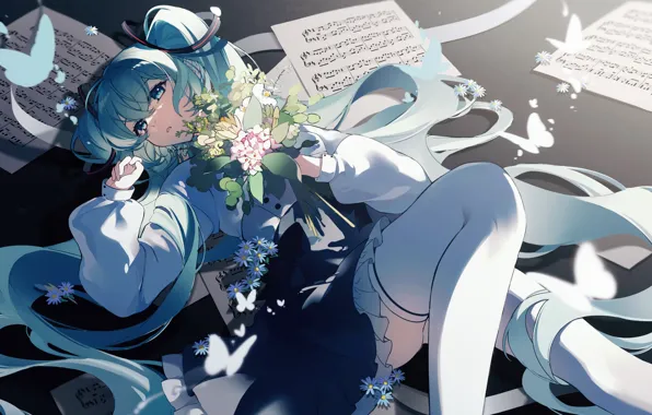 Девушка, цветы, ноты, Hatsune Miku, Vocaloid