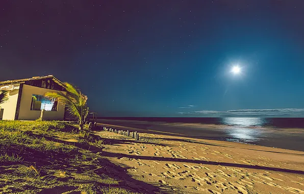 Море, пляж, ночь, дом, лунный свет, Бразилия, Баия, волны луна