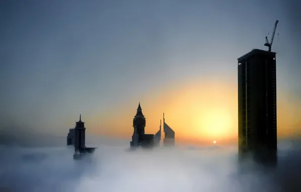 Картинка облака, туман, восход, здания, высота, небоскребы, Dubai