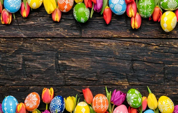 Colorful, Пасха, тюльпаны, happy, wood, flowers, tulips, spring