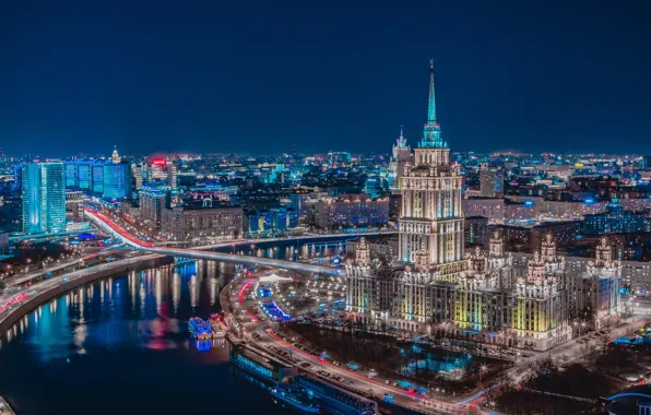 Мост, река, здания, дома, Москва, Россия, ночной город, Москва-река