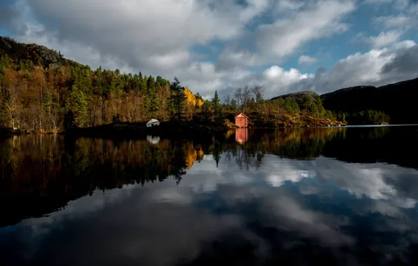 Картинка осень, облака, озеро, Норвегия, Rogaland