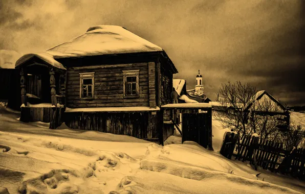 Природа, деревня, старое фото, храм, монохром, эима