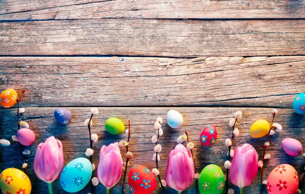 Картинка цветы, яйца, весна, colorful, Пасха, happy, wood, flowers