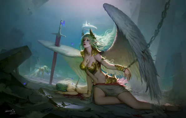 Картинка girl, sword, blood, fantasy, weapon, wings, blue eyes, crown