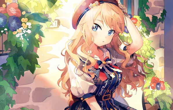 Картинка girl, long hair, dress, anime, blue eyes, flowers, beautiful, pretty