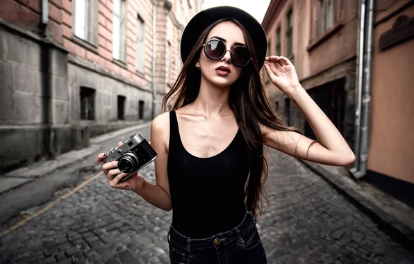 Девушка, город, улица, фотоаппарат, Alley