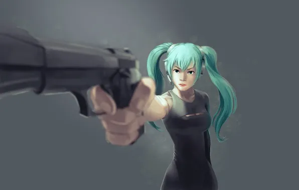 Взгляд, девушка, оружие, злость, vocaloid, hatsune miku, вокалоид, art