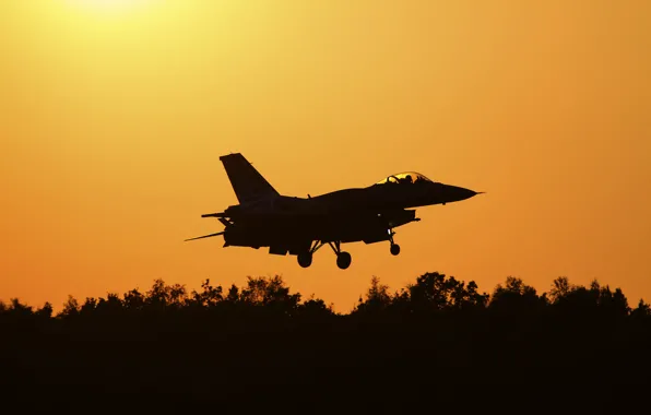 Картинка истребитель, силуэт, полёт, Fighting Falcon, F-16C