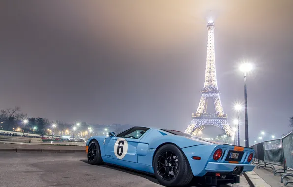 Картинка голубой, Париж, Ford, фонари, light, Эйфелева башня, Paris, форд