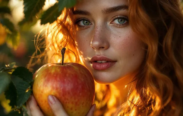 Лето, взгляд, девушка, лучи, свет, ветки, природа, поза