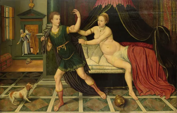 Масло, картина, мифология, 1575, Иосиф и жена Потифара