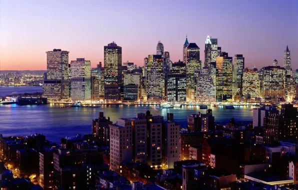 Картинка ночь, город, огни, река, обои, небоскребы, нью-йорк, wallpapers