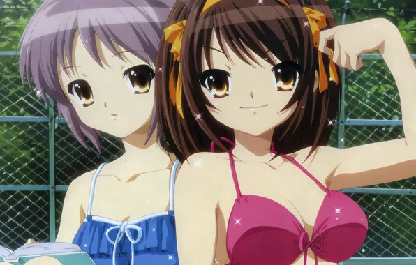 Sexy, wet, cleavage, long hair, girls, brown hair, boobs, anime