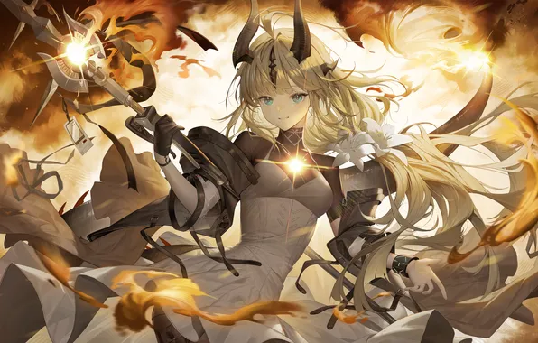 Девушка, магия, фэнтези, рога, посох, Arknights, Reed