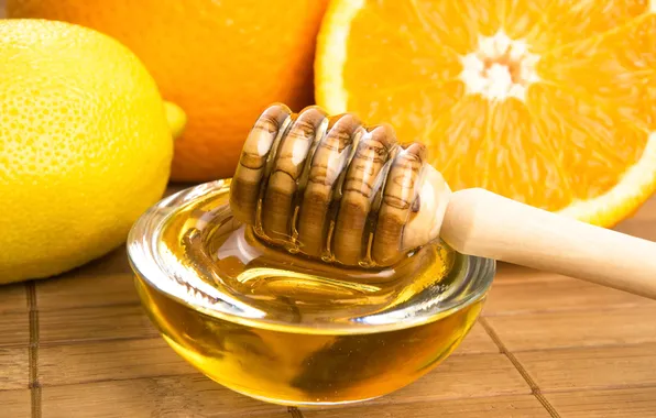 Картинка лимон, апельсин, мед, ложка, цитрус, мёд