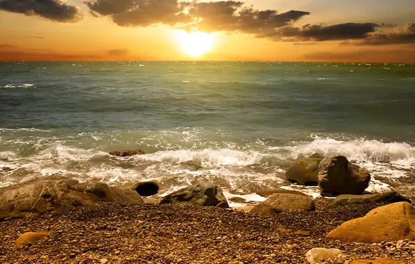 Картинка море, солнце, волна, горизонт, прибой