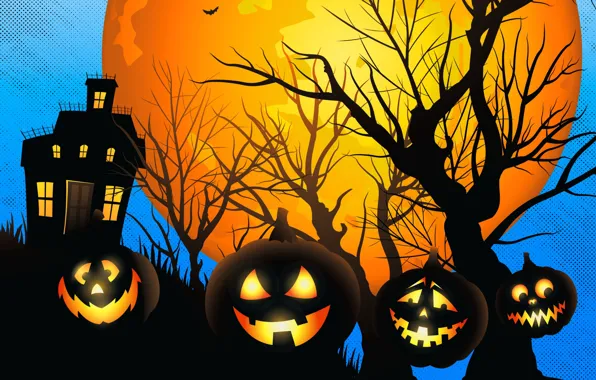 Деревья, праздник, обои, луна, тыквы, Halloween, wallpaper, хэллоуин