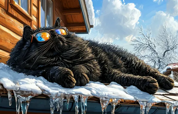 Солнце, Снег, Кошки, Кот, Черный кот