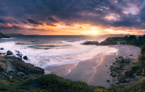 Картинка пляж, закат, океан, скалы, побережье, Испания, Spain, Атлантический океан