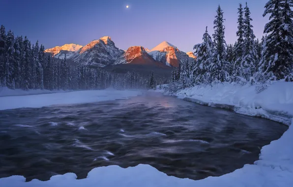 Картинка зима, снег, горы, ночь, природа, река, луна