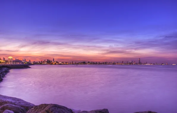 Картинка небо, облака, закат, город, вечер, Персидский залив, Кувейт, Kuwait