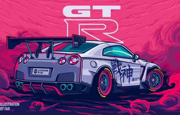 Картинка car, Nissan, smoke, digital art, artwork, Nissan GT-R, vehicle, illustration