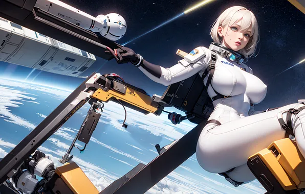 Картинка Earth, anime girls, space station, ai art