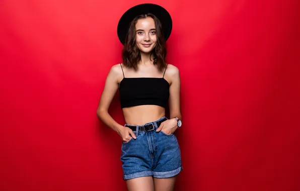 Girl, shorts, hat, model, cute, tank top, denim