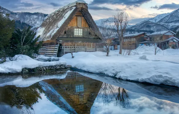 Картинка зима, вода, снег, тучи, дом, село, Япония, Сиракава-го