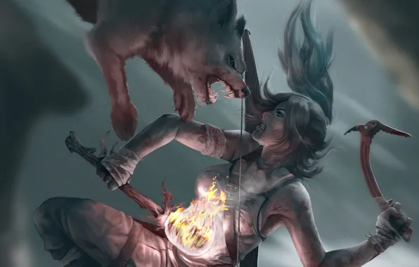 Девушка, лицо, оружие, огонь, волосы, волк, хищник, пасть