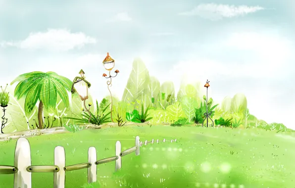 Картинка небо, трава, деревья, забор, ограда