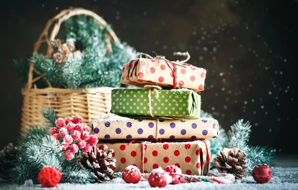 Картинка снег, украшения, Новый Год, Рождество, подарки, christmas, wood, winter