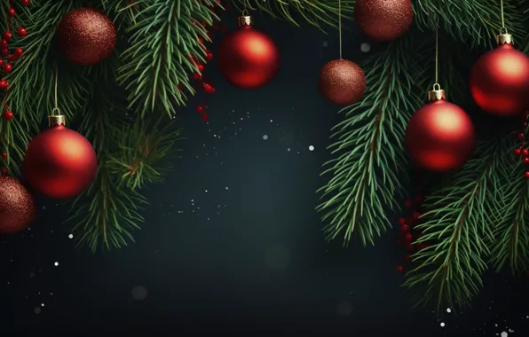 Украшения, темный фон, шары, Новый Год, Рождество, red, new year, happy